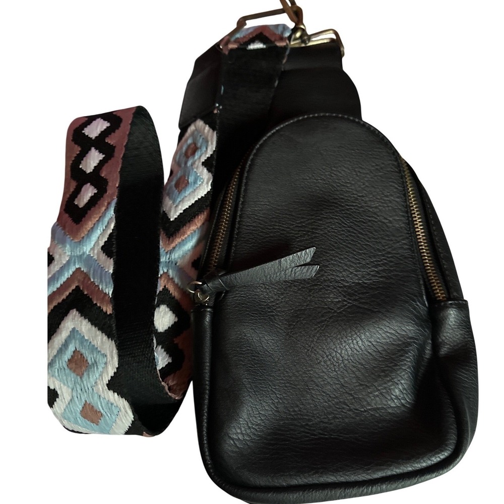 Urban Originals‎ Anthropologie Black Vegan Leather Sling Bag Woven Strap.
